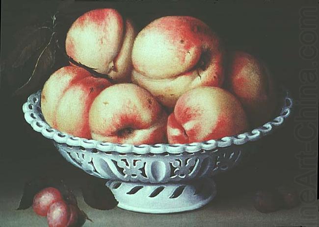 Peaches in a pierced white faience basket, Fede Galizia
